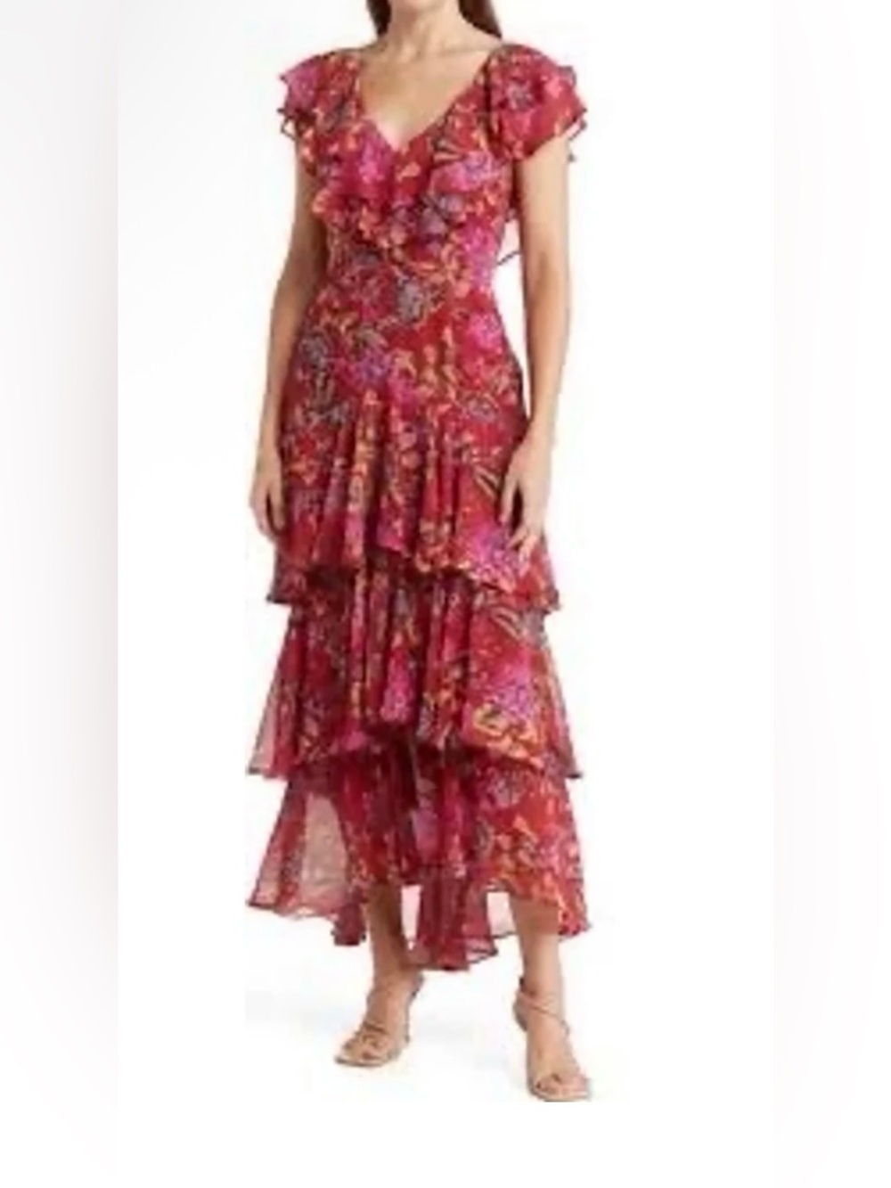 Wayf Pink-Red Floral Ruffle-Tier Maxi Dress